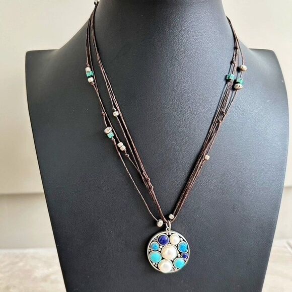 Vintage Sterling Silver CFJ Turquoise Bead Pearl Pendant Necklace - Picture 3 of 8